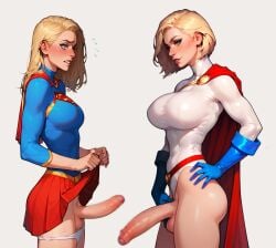 2025 2futas adult_and_teenager age_difference ai_generated ass balls big_breasts big_penis blonde_hair blue_eyes breasts censored dc dc_comics futa_only futanari kara_danvers kara_zor-el karen_starr karen_starr kryptonian light-skinned_futanari light_skin pants_down penis penis_envy penis_size_difference perky_breasts power_girl supergirl superman_(series) uncut