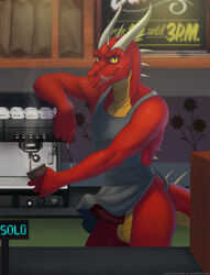 anthro apron bottomless coffee cup dragon drink erection holding horns indoors licking licking_lips looking_at_viewer lunalei male male_only mnementh open_eyes orange_skin penis red_dragon red_skin scalie sharp_teeth slit_pupils solo spikes standing steam tail testicles tongue yellow_eyes