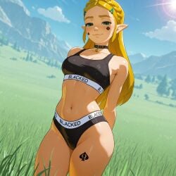 ai_generated arms_behind_back bimbo black_bra black_panties black_underwear blacked blacked_clothing blonde_female blonde_hair bra breath_of_the_wild cocky elf_ears female female_only field field_background long_hair medium_breasts panties pointy_ears princess_zelda qos qos_tattoo queen_of_spades queen_of_spades_symbol queen_of_spades_tattoo smug smug_expression smug_face smug_grin smug_smile spade_tattoo sports_bra sports_panties tattoo tattoo_on_face tattoo_on_thigh tattoos the_legend_of_zelda thick_thighs underwear zelda_(breath_of_the_wild)