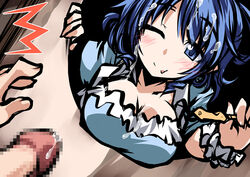 1boy blue_eyes blue_hair breasts censored cum cum_on_body cum_on_face cum_on_upper_body female hair_censor hair_ornament hair_rings hair_stick hemogurobin_a1c large_breasts penis seiga_kaku smile tongue touhou wink