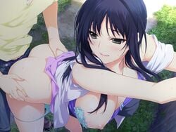 areolae ass ass_grab bent_over black_eyes blush bra breasts female game_cg grass highres iizuki_tasuku izumi_wakoto large_breasts legs long_hair looking_back lovely_x_cation_2 nipples panties panty_pull purple_hair sex sweat thighs underwear vaginal_penetration