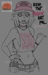 1girls 5_fingers armpit belt boobs breasts collar english_text female hat headwear panties pink_hat pink_headwear red_sclera shaved_armpit shaved_crotch shaved_pussy shaved_vagina shaven sideboob string_panties text text_on_hat text_on_headwear ziggy_(ziggysmut) ziggysmut