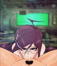 ahoge animated animated blowjob brown_hair classroom danganronpa danganronpa:_trigger_happy_havoc danganronpa_v3 fukawa_touko genocide_jack genocider_shou glasses intense_blowjob loop looping_animation naked red_eyes sucking sucking_penis