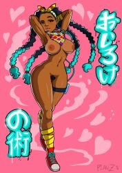 1girls african_female areola black_body black_hair black_skin braided_hair cameltoe capcom dyed_hair earbuds female_focus female_only graffiti hands_behind_head kimberly_jackson long_hair medium_breasts nipples partially_clothed planz34 posing pouty_lips pubic_hair raised_eyebrow scarf shoes street_fighter street_fighter_6 teal_hair