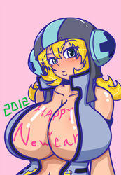 1girls 2012 blonde_hair blue_eyes blush body_writing breasts cleavage clothed dress female gum_(jsr) helmet huge_breasts jet_set_radio long_hair looking_at_viewer navel new_year open_mouth text uirou-zazami