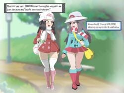 2girls absurdres aliasing bag beanie big_breasts black_eyes black_hair blue_jacket blue_legwear blush boots bottomless breasts brown_hair clitoral_hood clothing coat collaboration dawn_(pokemon) dawn_(pokemon_platinum) english english_text eye_contact eyebrows_visible_through_hair eyelashes female female_only full_body grey_eyes grey_hair hair_ornament hairclip half-closed_eyes hand_up hat highres holding hud human human_only jacket kneehighs leaf_(pokemon) long_hair long_sleeves multiple_girls nintendo no_panties open_mouth outdoors pink_footwear pink_neckwear png pokemon pokemon_dppt pokemon_frlg pokemon_platinum pokemon_rgby protoscene pussy red_coat red_footwear red_jacket scarf skindentation skirt skitterleaf small_breasts smile standing striped_neckwear talking teeth text textless thighhighs tongue uncensored walking white_hat white_legwear white_neckwear white_scarf wide_hips winter_clothes