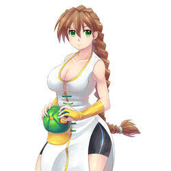 1girls 2014 bike_shorts breasts brown_hair cleavage duo_maxwell female green_eyes gundam gundam_wing hair human large_breasts light-skinned_female light_skin long_hair qipao rule_63 solo standing white_background zipskyblue