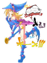 ballbusting blonde_hair blush_stickers boots breasts cbt cock_and_ball_torture crotch_kick dark_magician_girl duel_monster female fingerless_gloves gloves green_eyes groin_kick hat highres kicking_balls large_breasts penis spacezin tamakeri testicles wand witch_hat yu-gi-oh!