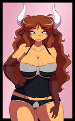 anthro areola big_breasts bovine bra breasts brown_fur brown_hair clothed clothing corset diana_linda edit female fur green_eyes hair hi_res huge_breasts las_lindas lingerie long_hair looking_at_viewer mammal milf mother nipples nude parent plain_background pussy see-through see-through_bra see-through_panties skimpy solo standing underwear