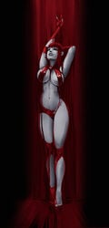 armando_leon armband barefoot black_background blood bloody_clothes breasts cleavage fangs female gloves half-closed_eyes high_collar highres leotard long_hair navel pale_skin parted_lips reflection simple_background solo standing tiptoes v vampire vampirella