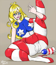 1girls 2014 american_flag american_flag_legwear ass big_breasts blonde_hair bodysuit breasts coonskin dildo female female_only freckles hair high_heels labia miss_america_(coonskin) nipples potionaholic solo