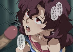 1boy 1girls after_fellatio breasts brown_hair censored cum cum_in_mouth down_blouse female gundam gundam_unicorn kizaki looking_up micott_bartsch mosaic_censoring nipples open_mouth oral penis red_eyes small_breasts solo_focus sweat text translation_request volvox