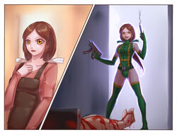 1girls amber_eyes apron assassin before_and_after big_breasts blood brown_apron brown_hair corpse death elbow_gloves female firearm green_elbow_gloves green_leotard green_thighhighs gun handgun hitwoman holding_gun holding_weapon housewife human human_only hydra_(marvel) hydra_agent identity_death leebigtree leotard light-skinned_female light_skin madame_hydra marvel marvel_comics pistol ponytail sadistic smile spy submachine_gun thighhighs transformation weapon