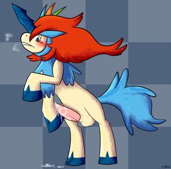 2014 abstract_background balls blush breath cum cum_drip cum_on_floor cum_on_penis equine erection feral hair half-closed_eyes hi_res hooves horn keldeo keldeo_(resolute_form) long_hair looking_down male male_keldeo mammal mythical_pokemon nintendo orgasm penis pokémon_(species) pokemon pokemon_(species) raised_leg ryloo teeth unicorn video_games