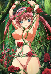 airi_(queen's_blade) armpits arms_up blue_eyes blush body_blush bondage breasts female flower foreshortening forest headdress hi_res high_resolution highres innie_pussy long_hair looking_at_viewer maid_headdress mound_of_venus nature navel nipples noguchi_takayuki nude nude_filter parted_lips photoshop plant pussy queen's_blade red_hair red_rose rose shade solo thighs thorns tied_hair tree twintails uncensored very_long_hair wrist_cuffs