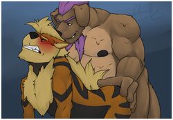 amwulf anthro arcanine blonde_hair blush body_hair canine chest_hair fur furry hair hairy male male_only mammal multiple_males nintendo nipples nude pokemon pokemon_(species) purple_hair tagme video_games yaoi