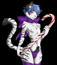 anthro blue_eyes blue_hair blush candy_cane feline fur furry ghostblanketboy girly hair looking_at_viewer male male_only mammal nipples penis plain_background precum solo stockings underwear