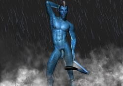 1boy 3d alien alien_only avatar balls blue_body blue_skin gay looking_at_viewer male male_only muscles na'vi nude penis poser rain solo yaoi