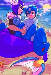 1boy 1girls black_eyes breasts capcom handjob keppok mega_man mega_man(classic) mega_man_(character) open_mouth penis robot smile splash_woman