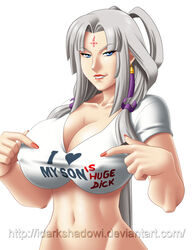 1girls arshtat_falenas biting_lip blue_eyes breasts busty cleavage clothes_writing clothing earrings female forehead_mark grey_hair hair_ribbon hourglass_figure implied_incest large_breasts lipstick long_hair looking_at_viewer milf nail_polish navel nipples pointing ribbon silver_hair simple_background solo suikoden suikoden_v t-shirt thedarkness voluptuous white_background