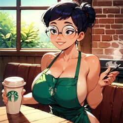 1girls ai_generated almost_naked apron apron_only barely_clothed barista big_breasts breasts breasts cafe carmen_sandiego_(2019) carmen_sandiego_(franchise) coffee coffee_cup coffee_shop cup female female female_focus female_only glasses huge_breasts julia_argent julia_argent_(carmen_sandiego) large_breasts mostly_nude naked_apron no_bra pen short_hair solo solo_female solo_focus standing window zupern0va_(manipper)