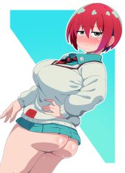 amate_yuzuriha aqua_eyes aqua_shirt aqua_skirt ass big_ass blush breasts closed_mouth female from_behind gundam gundam_gquuuuuux highres kani_club large_breasts long_sleeves looking_at_viewer looking_back miniskirt necktie no_panties red_hair school_uniform shiny_skin shirt short_hair skirt solo standing sweat sweater