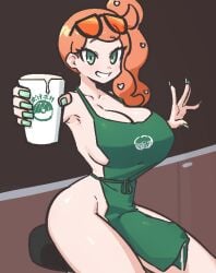 1futa 1futanari apron big_breasts breasts breasts_bigger_than_head chair cum cum_in_container cum_in_cup ejaculation_in_container ejaculation_in_cup futa_only futanari ginger ginger_hair glasses glasses_on_head green_eyes green_nail_polish green_nails heart light-skinned_futanari light_skin liveactors mostly_nude mostly_nude_futanari orange_hair pokemon pokemon_ss precum precum_through_clothing precum_trail professor_sonia shades shades_above_head sitting sitting_on_chair sitting_stool smile sonia sonia_(pokemon) starbucks starbucks_apron starbucks_uniform stool stool_(chair) sunglasses sunglasses_on_head