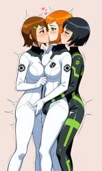 ai_generated ben_10 ben_tennyson bodysuit female_only fff_threesome fingering genderswap_(mtf) group group_sex gwen_tennyson julie_yamamoto rule_63 shaking skin_tight yuri