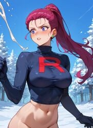 ai_generated anime_style cumshot jessie_(pokemon) ponytail snow surprise team_rocket winter