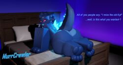 3d ass bed bedroom big_butt bioluminescence bisexual_lighting fat_ass gootraxian kaiju_(kaiju_paradise) kaiju_paradise laying_on_bed looking_back_at_viewer murrcrawler paws raytraxian roblox roblox_game robloxian tail tail_lift text watermark