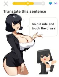 big_breasts big_breasts black_hair black_hair_female breasts breasts clothed clothed_female duolingo female female_focus female_only light-skinned_female light_skin looking_at_viewer original_character salm0n0range solo solo_female solo_focus talking_to_viewer