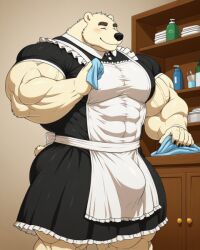 ai_generated anthro blush bulge_under_clothes cleaning closed_eyes maid maid_uniform male polar_bear shelf smiling tagme