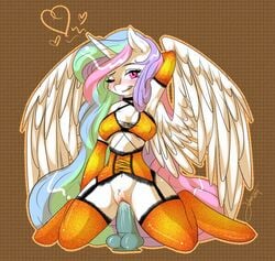 2014 alicorn anthro anthrofied blush bra dildo elbow_gloves equine female friendship_is_magic fur furry gloves hair horn insertion kneeling lingerie long_hair mammal mrfatcakes multicolored_hair my_little_pony penetration princess_celestia_(mlp) pussy pussy_juice sex_toy solo stockings underwear vaginal_insertion vaginal_penetration white_fur wings wink