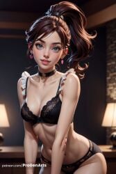 , 1girls ai_generated artist_name bishoujo_senshi_sailor_moon black_bra black_choker black_panties blurry blurry_background bra breasts brown_hair choker cleavage collarbone earrings freckles frills green_eyes heart heart_choker heart_earrings hi_res indoors jewelry lamp lingerie lips long_hair looking_at_viewer makoto_kino medium_breasts navel panties parted_lips patreon_username ponytail progenarts sailor_jupiter smile solo stomach underwear underwear_only web_address