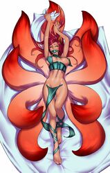 1girls 2014 ahri alternate_color animal_ears ball_gag barefoot breasts covered_nipples facial_mark female female_only fox_ears fox_tail foxfire_ahri gag infernal_series league_of_legends loincloth long_hair looking_at_viewer lying multi_tail multiple_tails nail_polish navel on_back optionaltypo sheet_grab solo strapless_bottom strapless_pelvic_curtain tail toenail_polish