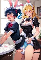 1boy 1girls ai_generated black_hair blonde_female blonde_hair crossdressing cum cute cute_male diaper drooling female femboy gold_eyes hands-free maid maid_uniform male orgasm original_character pegging submissive submissive_male yellow_eyes