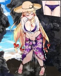 alternate_costume beach big_breasts blonde_hair blush blush breasts closed_eyes embarrassed feet_apart michinoku_(michino934) panties peeing peeing peeing_self pissing_self purple_panties sandals standing sun_hat swimsuit touhou touhou_lost_word touhou_project urine wet_panties yakumo_yukari yukari_yakumo