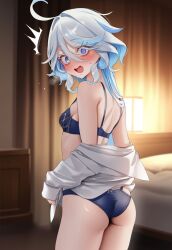 1girls ai_generated ass blue_eyes blush bra breasts embarrassed female furina_(genshin_impact) genshin_impact hi_res looking_at_viewer looking_back panties petite small_breasts sweat undressing