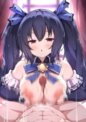 1boy :o abs absurdres bare_shoulders black_hair blue_ribbon blush breasts bridal_gauntlets censored female hair_ornament hair_ribbon highres jon_(pixiv31559095) large_breasts long_hair looking_at_viewer mosaic_censoring neptune_(series) nipples noire_(neptunia) open_mouth paizuri penis pov red_eyes ribbon straight twintails