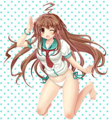 ahoge barefoot bracelet brown_eyes brown_hair feet jewelry kantai_collection kuma_(kantai_collection) long_hair no_pants panties polka_dot polka_dot_background school_uniform serafuku side-tie_panties underwear white_panties wink yukidarumatan