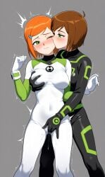 ai_generated ben_10 ben_tennyson bodysuit female_only fingering genderswap_(mtf) gwen_tennyson rule_63 shaking skin_tight yuri