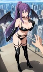 ai_generated bangs bare_shoulders black_bikini black_bra black_choker black_clothes black_footwear black_gloves black_legwear black_panties black_swimsuit black_thighhighs black_underwear black_wings blush boots bra breasts building choker city cityscape clavicle cleavage closed_mouth clothing day demon_girl demon_wings elbow_gloves female footwear full_body garter_belt garter_straps gloves green_eyes hair_between_eyes hair_ribbon hand_on_own_chest high_heel_boots high_heels large_breasts latex legwear lingerie long_hair looking_at_viewer navel outdoors pantsu ponytail pov pov_hands purple_hair ribbon shoes sky smile solo_focus standing thigh_boots thighhighs thighs tied_hair underwear very_long_hair wings