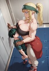 1boy1girl absurd_res absurd_resolution ai_assisted ai_generated anime assertive_female bandana blonde_female blonde_hair blonde_hair_female blue_eyes busty_female character_request cleavage clothes_around_waist comission condescending curvy_female dark_green_hair deku detailed detailed_background dominant_female dutch_angle earrings exposed_breasts femdom fullmetal_alchemist fullmetal_alchemist_brotherhood green_eyes gym height_difference high_resolution highres izuku_midoriya locker_room macro_female macrophilia midriff mini_giantess muscular_female my_hero_academia nervous_male nervous_smile pants questionable_consent request short_hair side_view size_difference size_fetish smaller_male sneakers standing strapless submissive_male t-shirt taller_female taller_girl tubetop two_tone_hair winry_rockbell