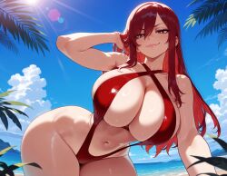 1girls ai_generated balecxi bangs bare_shoulders beach bikini blue_sky blush breasts brown_eyes cleavage closed_mouth clothing cloud collarbone criss-cross_halter curvaceous curvaceous_female curvaceous_figure curvy curvy_figure day erza_scarlet fairy_tail female female_focus female_only hair_between_eyes hair_tucking halterneck hand_in_own_hair huge_breasts inviting inviting_to_sex large_breasts lens_flare lips long_hair looking_at_viewer navel ocean one-piece_swimsuit outdoors palm_leaf palm_tree presenting presenting_ass presenting_breasts presenting_hindquarters presenting_pussy presenting_self red_eyes red_hair red_one-piece_swimsuit seductive seductive_look seductive_smile shiny_skin sideboob sidelocks sky sling_bikini_top slingshot_swimsuit smile solo stomach sun sunlight swimsuit thick_thighs thighs tree v-shaped_eyebrows voluptuous voluptuous_female water wet wide_hips