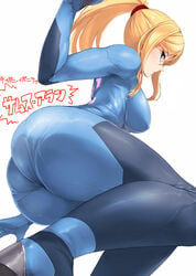 arched_back ario ass ass_focus blonde_hair blue_eyes bodysuit dat_ass female female_only human looking_back lying metroid nintendo ponytail samus_aran sideboob simple_background skin_tight solo tied_hair zero_suit zero_suit_samus