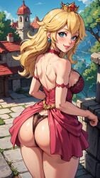 1girls 2d ai_generated ass black_panties blonde_hair blue_earrings blue_eyes blush curvy dress fat_ass nintendo pink_dress princess_peach smile smiling smiling_at_viewer stable_diffusion super_mario_bros. thick_thighs thighs unknown_artist voluptuous