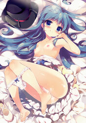 :p antennae blue_eyes blue_hair blush breasts clothing dress dress_tug female flat_chest happinesscharge_precure! hat long_hair looking_at_viewer lying nipples on_side panties panty_pull petite precure pretty_cure pussy pussy_juice pussy_juice_trail revision sarico shirayuki_hime shoes_removed smile solo tongue underwear