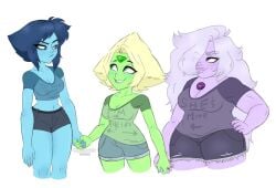 2022 3girls amethyst_(personification) amethyst_(steven_universe) angry blonde_hair blue_skin breasts cartoon_network chest_jewel chubby_girl cleavage clothing colored_skin cowboy_shot crop_top female forehead_jewel green_skin high_resolution holding_hands lapis_lazuli_(personification) lapis_lazuli_(steven_universe) light_purple_hair long_hair looking_at_another midriff multiple_girls navel peridot_(steven_universe) perisdynasty pointy_hair purple_hair purple_skin short_hair shorts simple_background smile standing steven_universe text_on_clothes white_background wide_hips