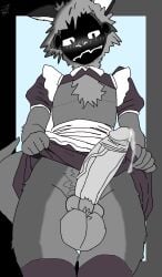 anthro archie_(zabivnoy_krabsburger) big_balls big_penis blush canine_penis chest_tuft femboy fluffy_balls furry grey_body grey_fur knot lifting_own_clothes looking_at_viewer maid_uniform penis precum precum_on_penis presenting presenting_penis protogen solo tagme tail toaster veiny_penis viewed_from_below zabivnoy_krabsburger