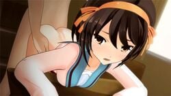 1boy 3d animated animated ass blush bounce bouncing_breasts brown_eyes brown_hair female hair_ornament open_mouth school_uniform sex suzumiya_haruhi suzumiya_haruhi_no_yuuutsu